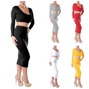 Sexy Women Two Pieces Long Sleeve Bodycon Crop Top